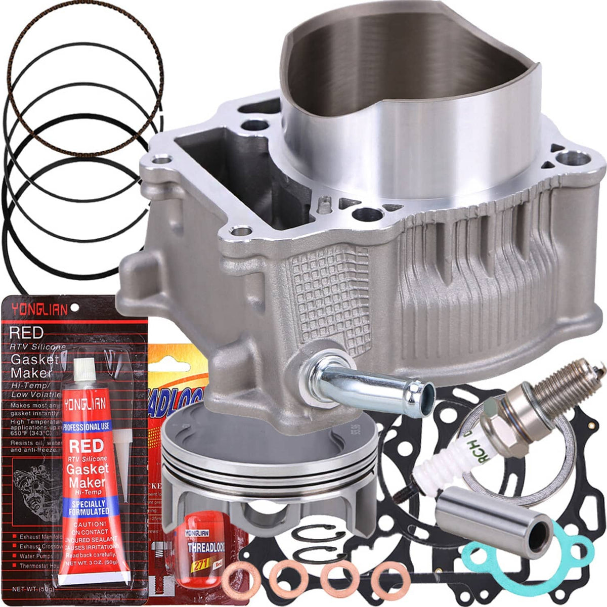 Motorcycle top end rebuild kit with metal cylinder block, piston, gaskets, and spark plug