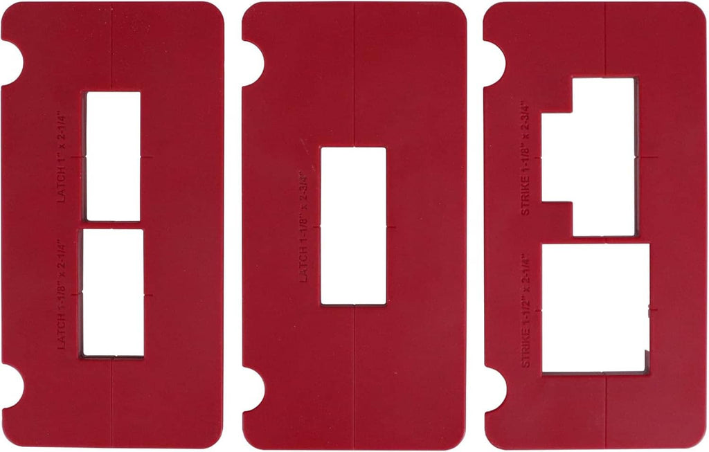 Red door hinge template set with rectangular and U-shaped cutouts