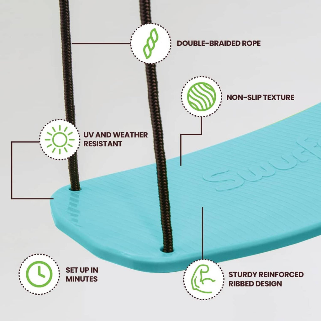 Close-up of turquoise swing board with reinforced ribbed design and black support ropes
