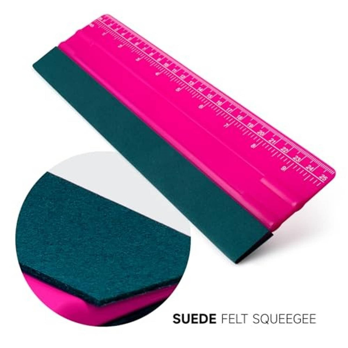 Pink squeegee with teal suede-felt scraper surface and built-in ruler scale