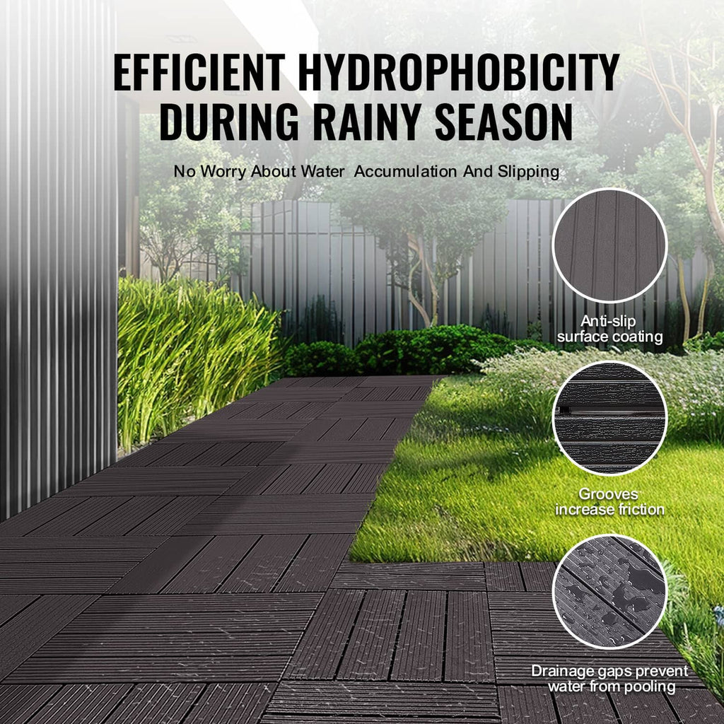 Dark brown interlocking deck tile walkway with textured anti-slip grooves and drainage gaps