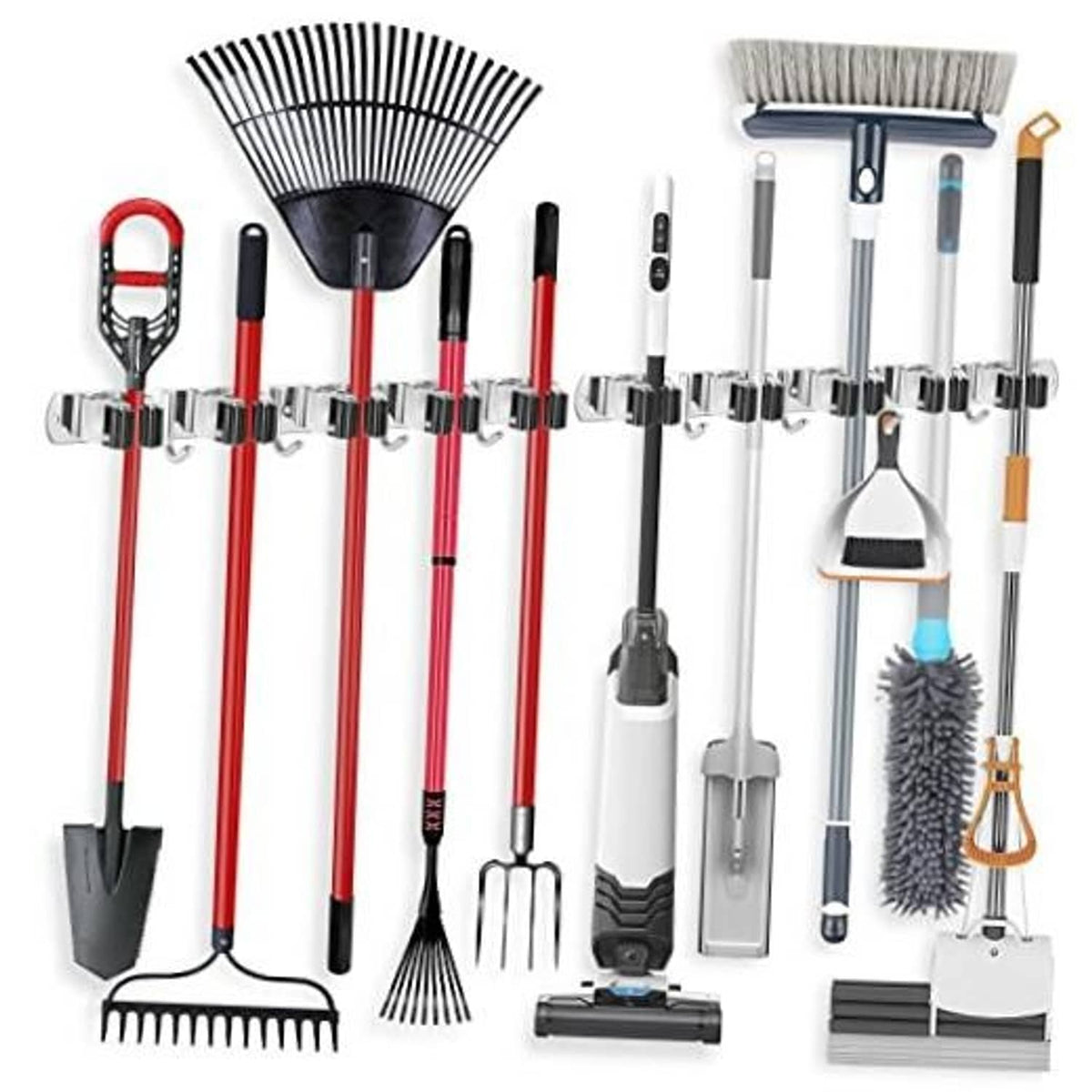 Stainless steel wall mount broom holder rack with multiple hooks for brooms and mops