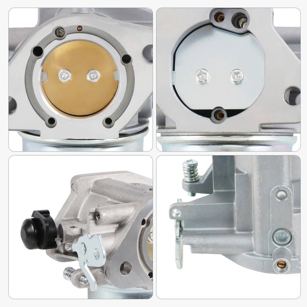Carburetor replacement unit close-ups of inlet cover, mounting plate, and side ports