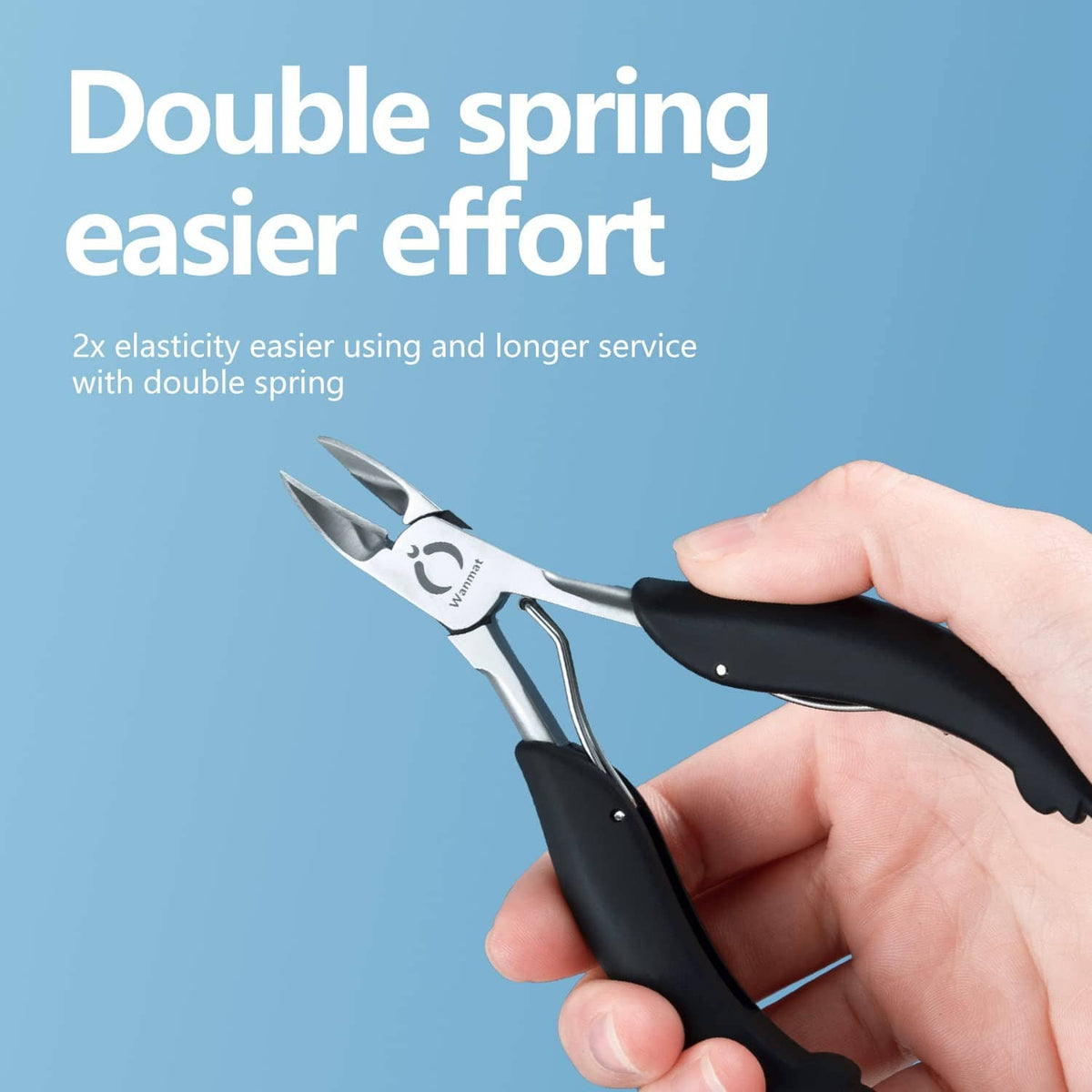 Toe nail clipper with double-spring action and black handles, stainless blades