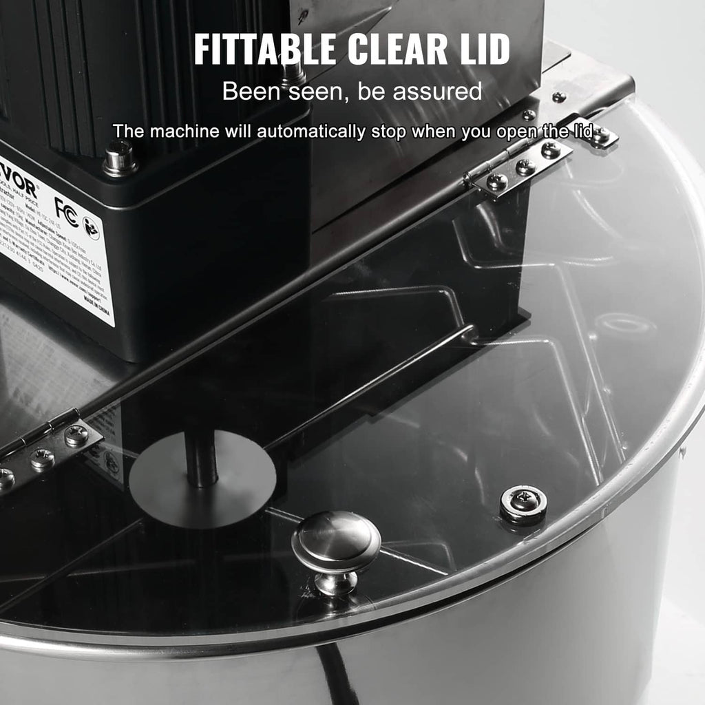 Electric honey extractor with hinged clear lid and internal spinner mechanism