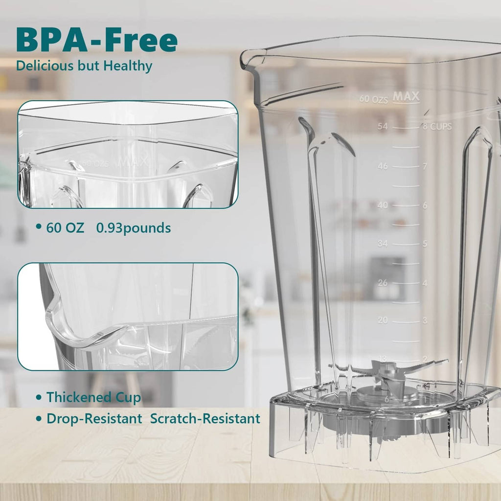 Clear 60 oz blender jar with MAX and measurement markings