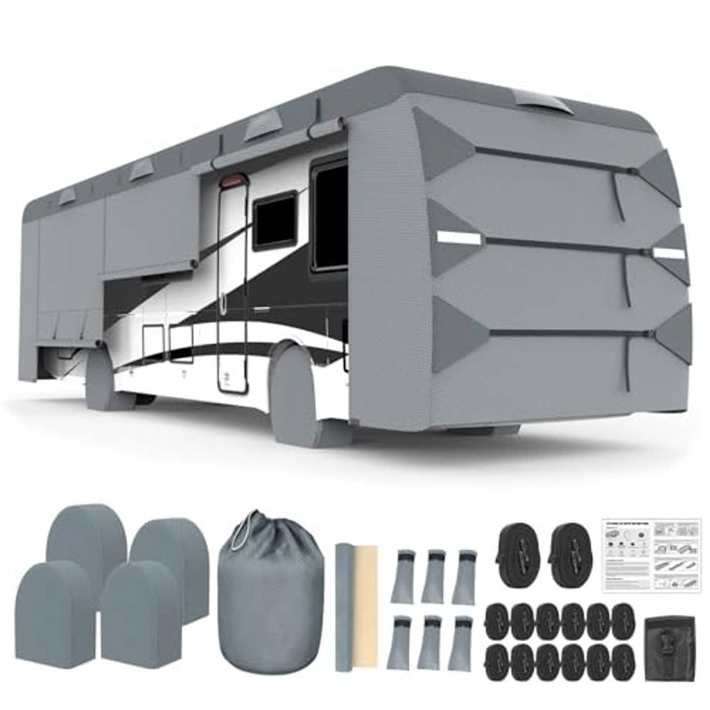 Grey Class A RV cover kit with cover and included strap and buckle accessories