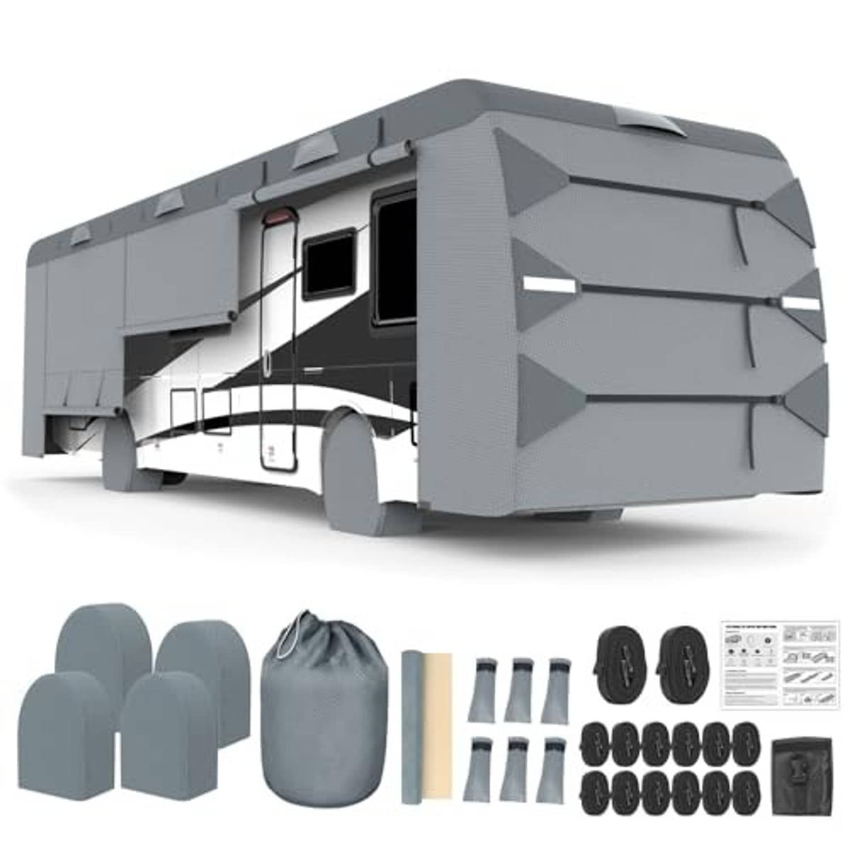Grey Class A RV cover kit with cover and included strap and buckle accessories