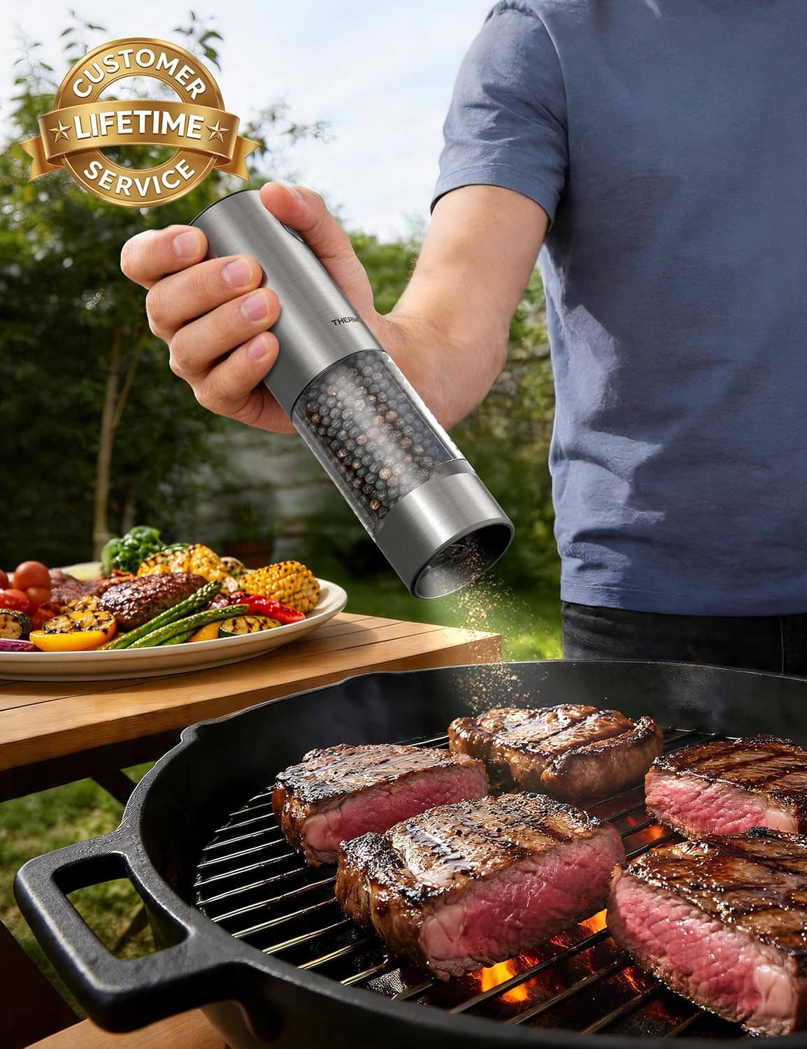 Stainless THERMOMAVEN electric grinder seasoning grilled meat outdoors