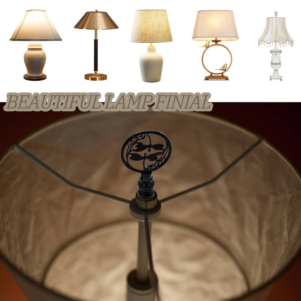 Black dragonfly lamp finial on lamp socket, round medallion with threaded stem
