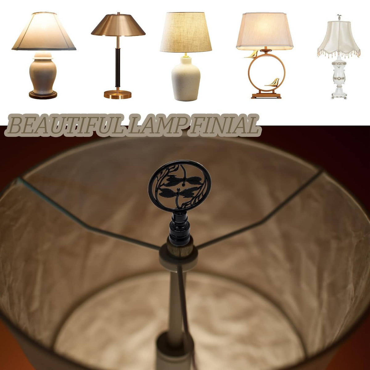 Black dragonfly lamp finial on lamp socket, round medallion with threaded stem
