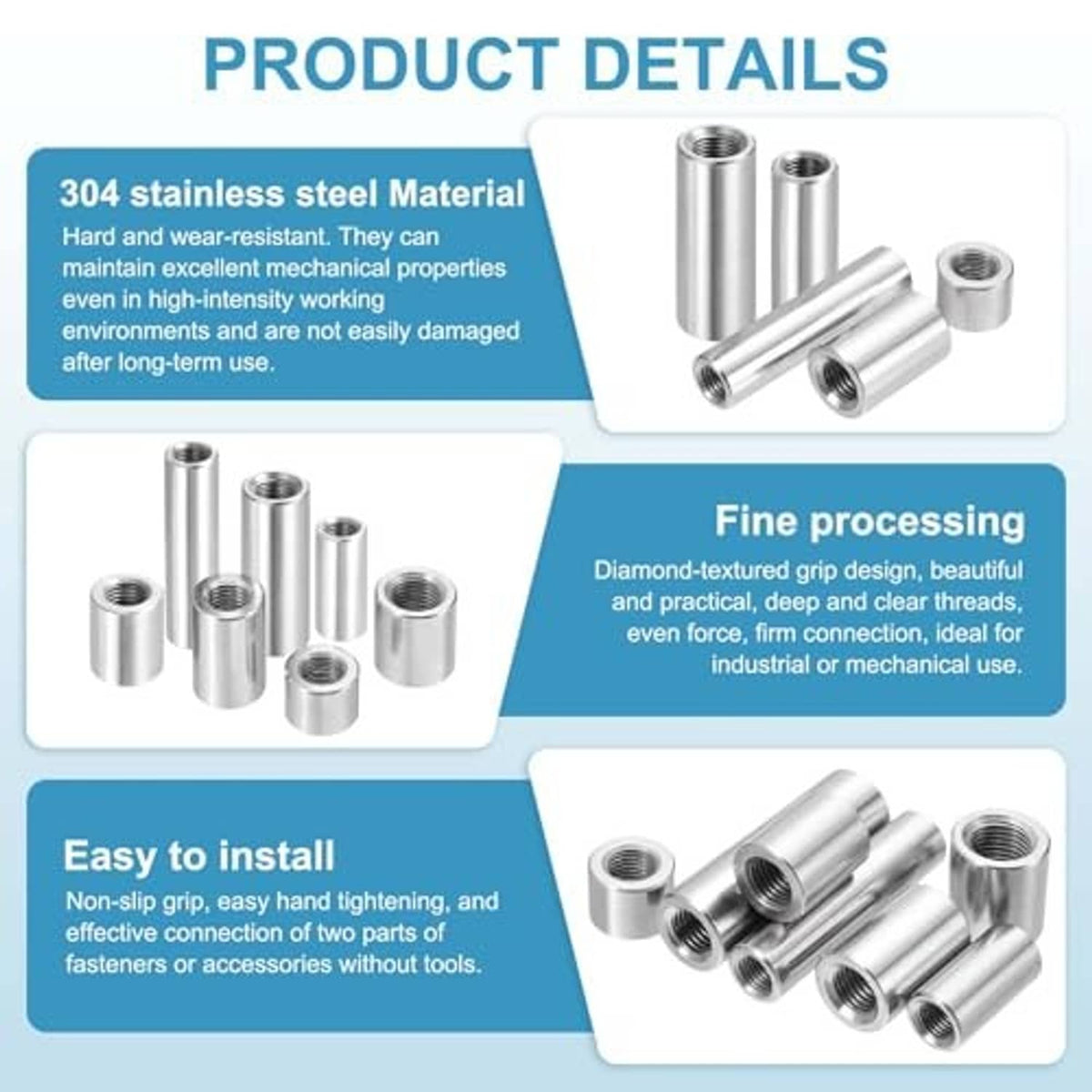 Stainless steel connector nuts and sleeves with internal threads, product detail view