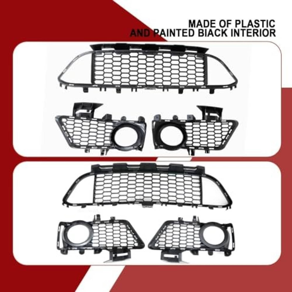 3-piece front bumper grille set in black with honeycomb mesh and two round fog-light cutouts
