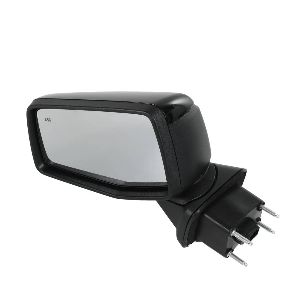 Black towing side mirror with clear glass and three-prong plug mount, side angle