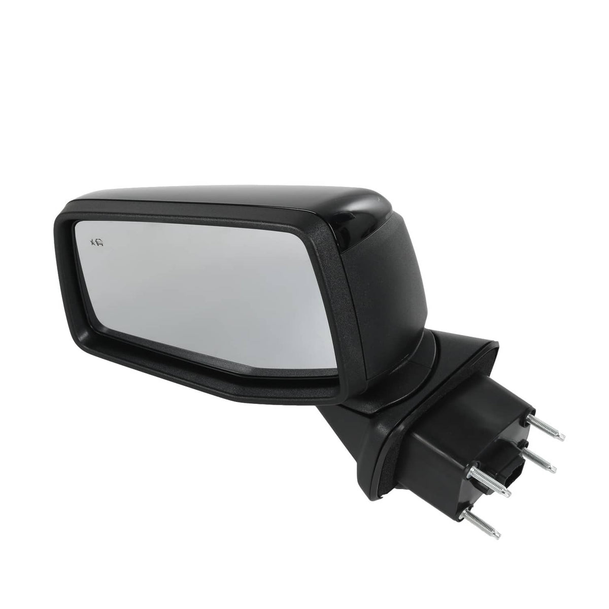 Black towing side mirror with clear glass and three-prong plug mount, side angle
