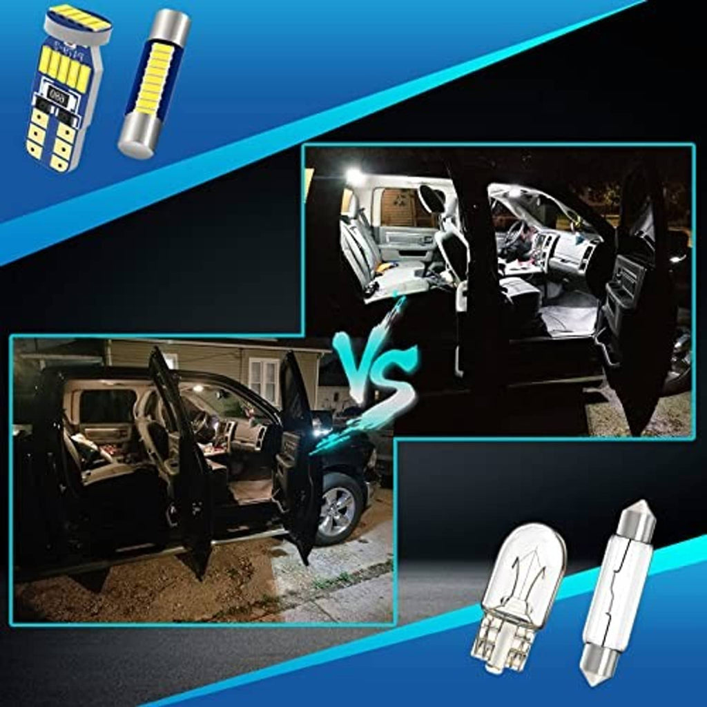 LED interior bulbs and a pair of panel bulbs shown with car interior scenes