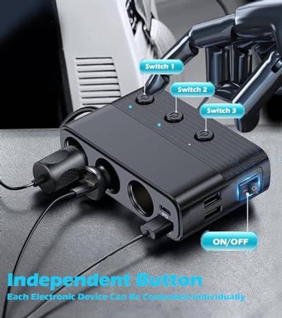 Car lighter splitter with 3 sockets, USB and Type-C ports, and rocker power button