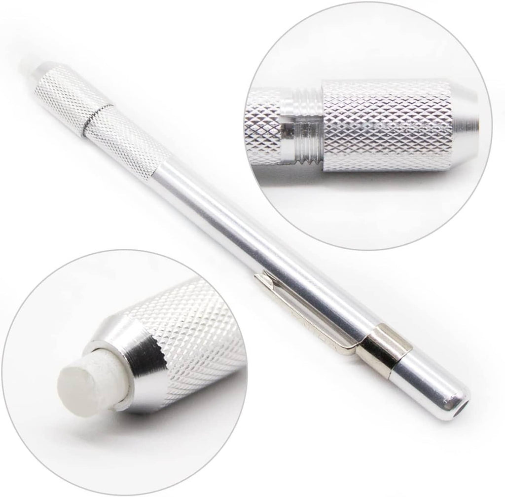 Stainless soapstone pen holder with textured grip and white chalk tip, close-up