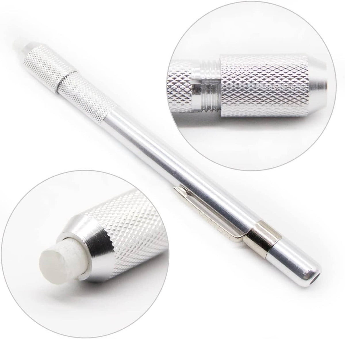 Stainless soapstone pen holder with textured grip and white chalk tip, close-up