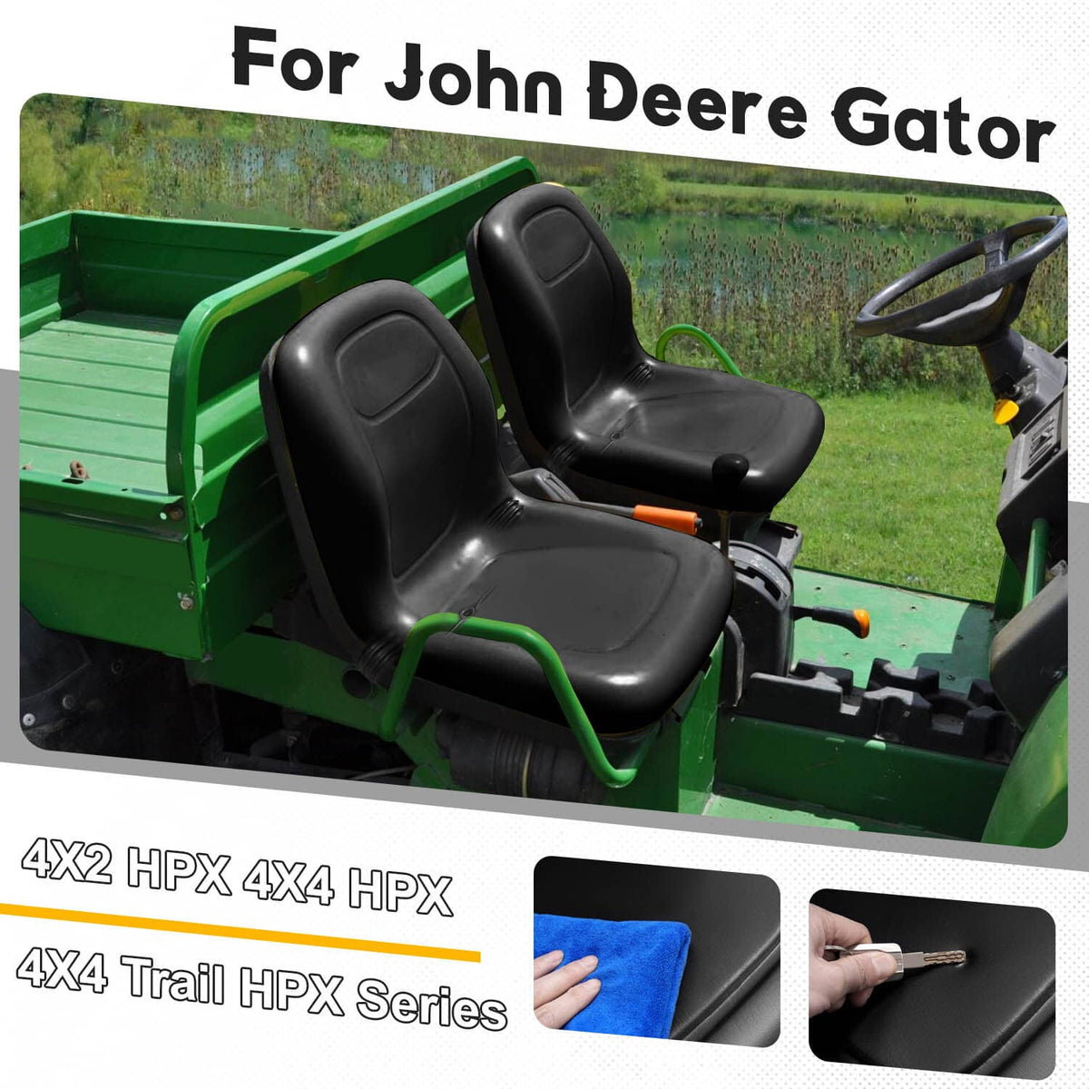 Black Gator seat installed on a green utility vehicle, shown at three-quarter angle