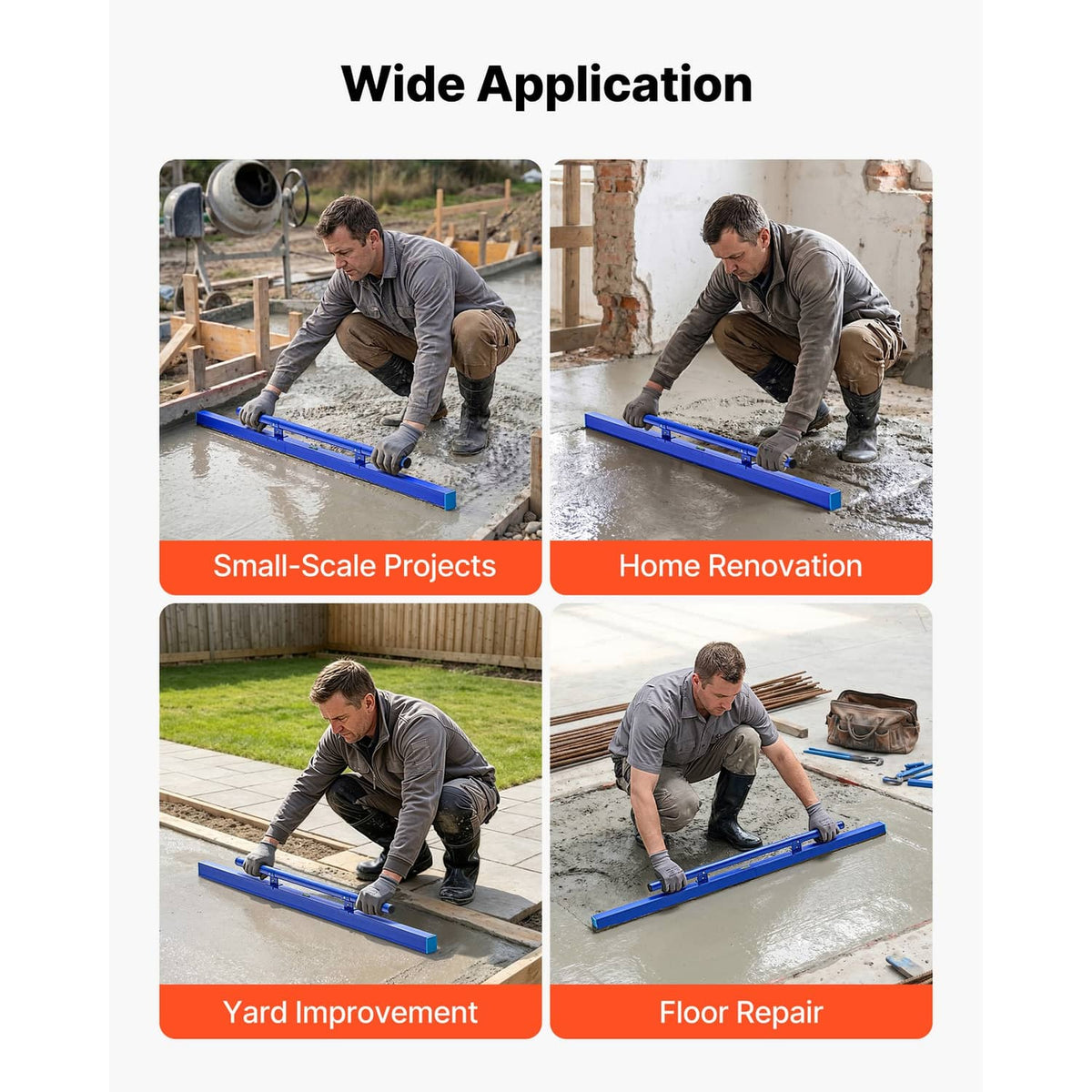 Blue manual concrete screed board used for yard, home renovation, and floor repair