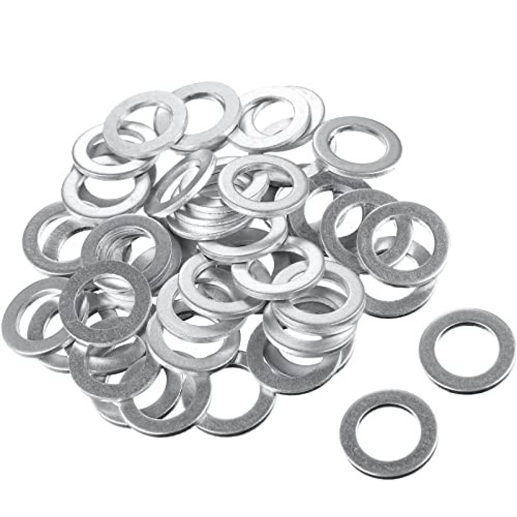 Aluminum engine oil drain crush washers, round silver flat rings, mixed pile