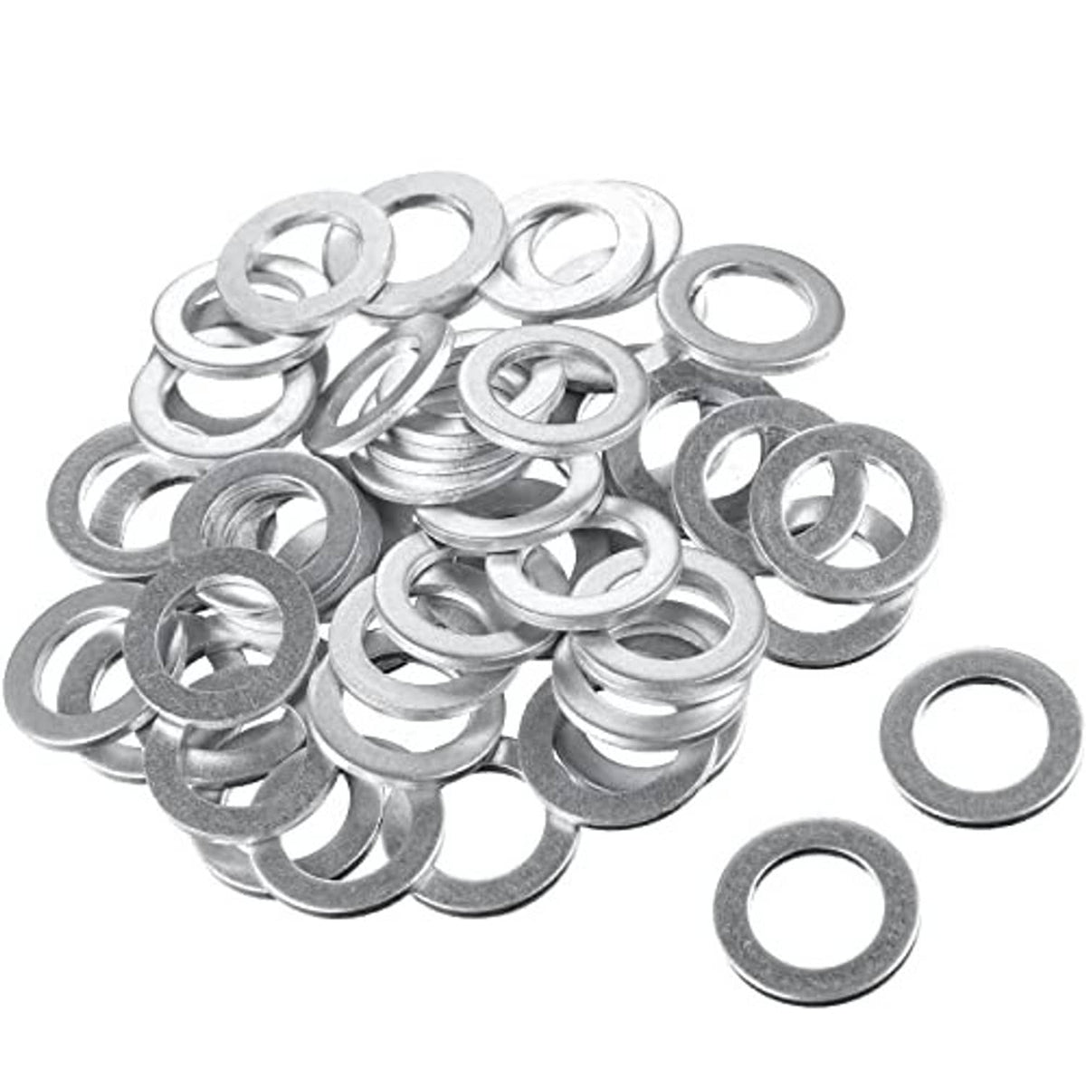 Aluminum engine oil drain crush washers, round silver flat rings, mixed pile