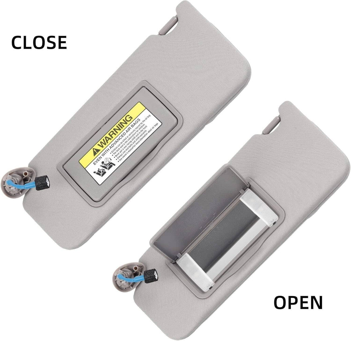 Gray sun visor pair shown open and closed with vanity light housing