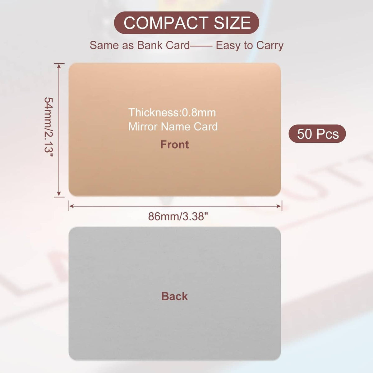 Rose gold metal business card blank, front and back size diagram, 0.8mm
