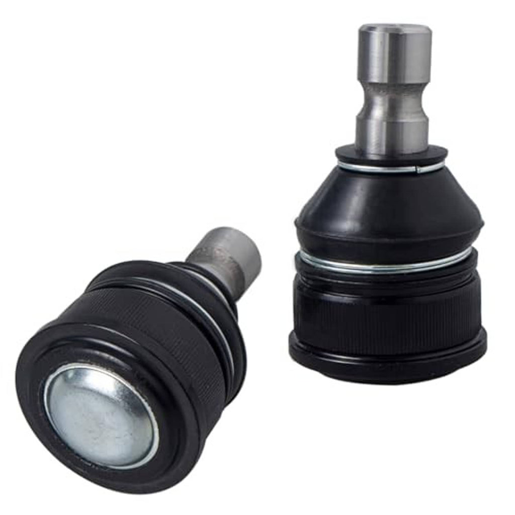 Front upper ball joints with black rubber boots and silver metal ball joint housings, pair