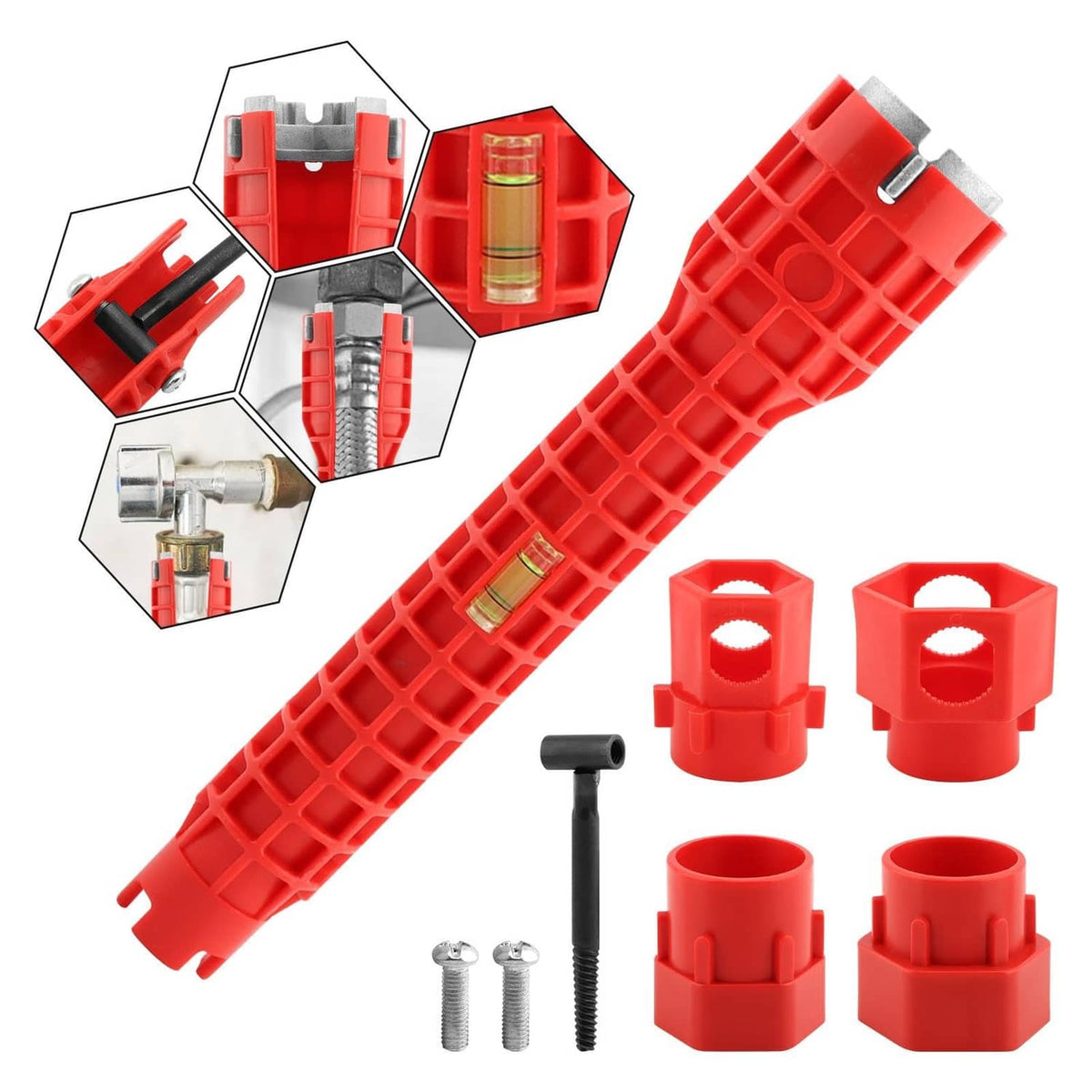 Red 14-in-1 sink installer wrench with modular head and included mounting pieces