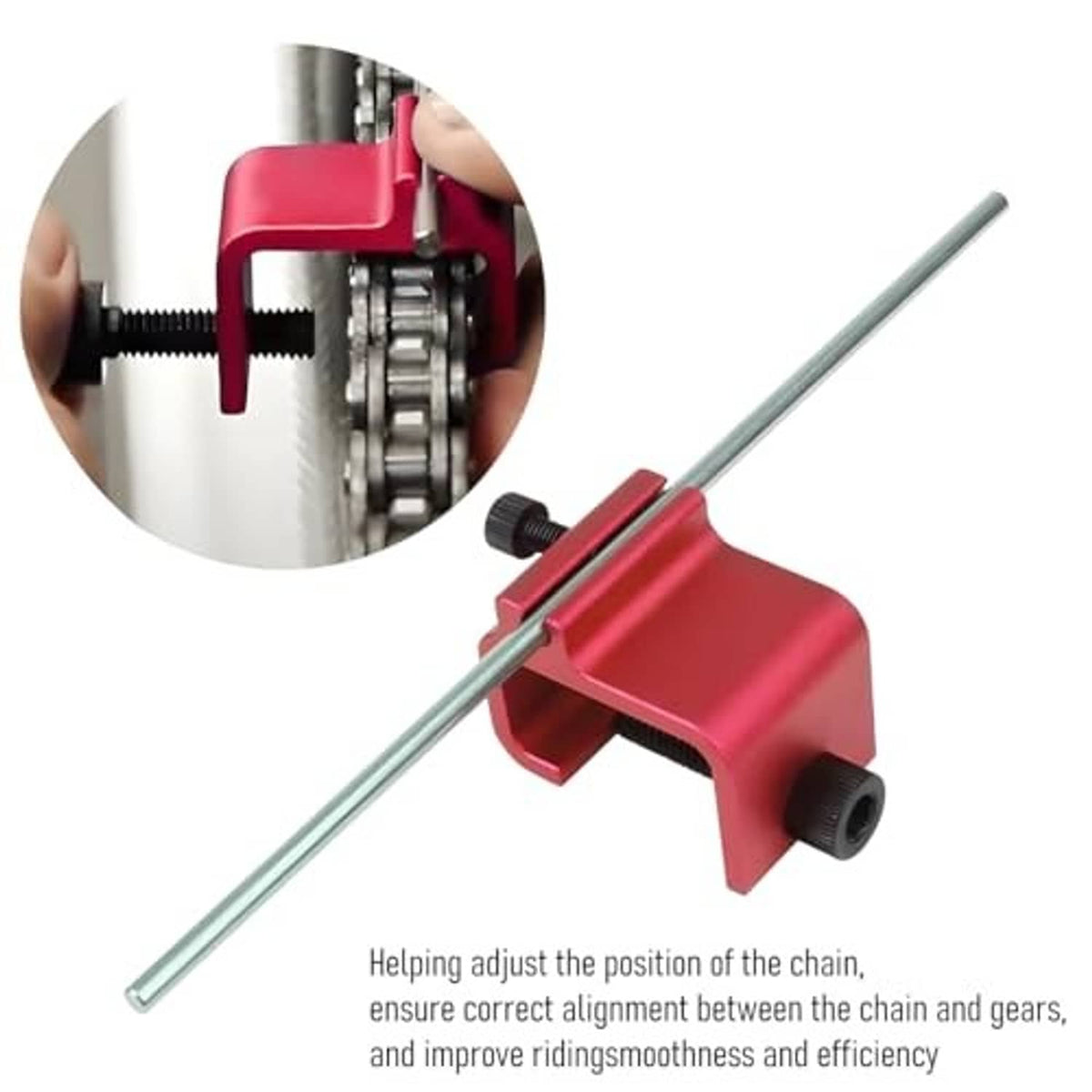 Red chain alignment tool with long rod and black screws, adjusting the sprocket