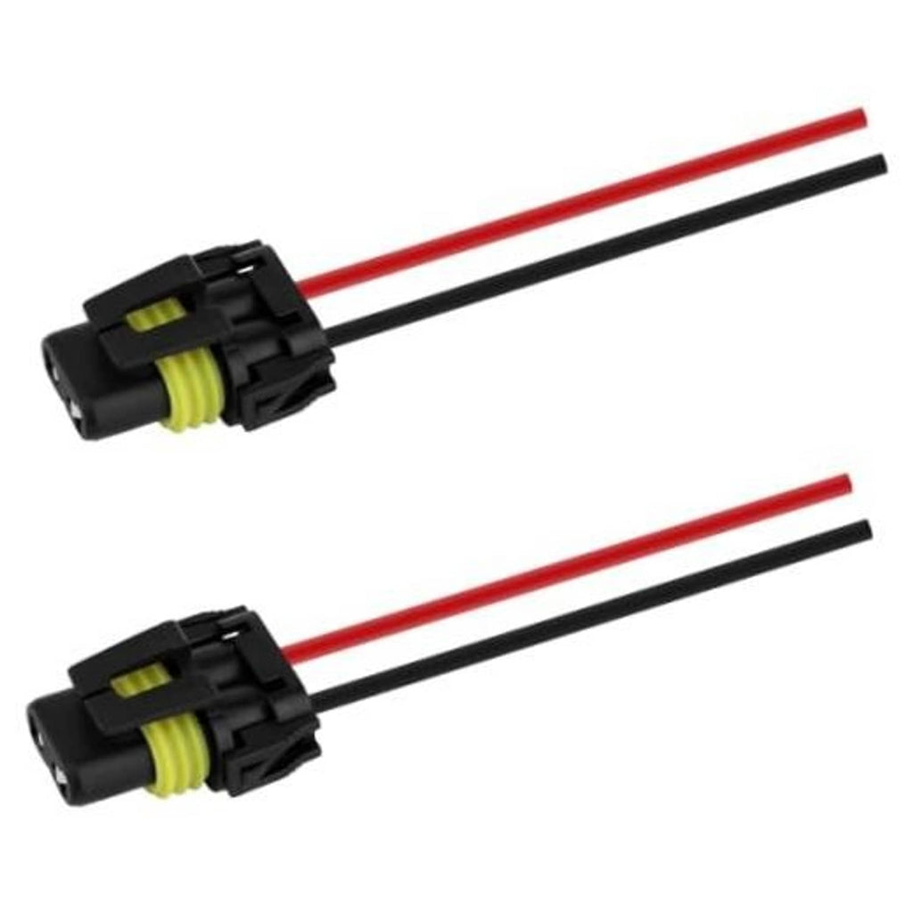 Headlight wiring harness pigtail socket pair with red and black wires, black connector housing