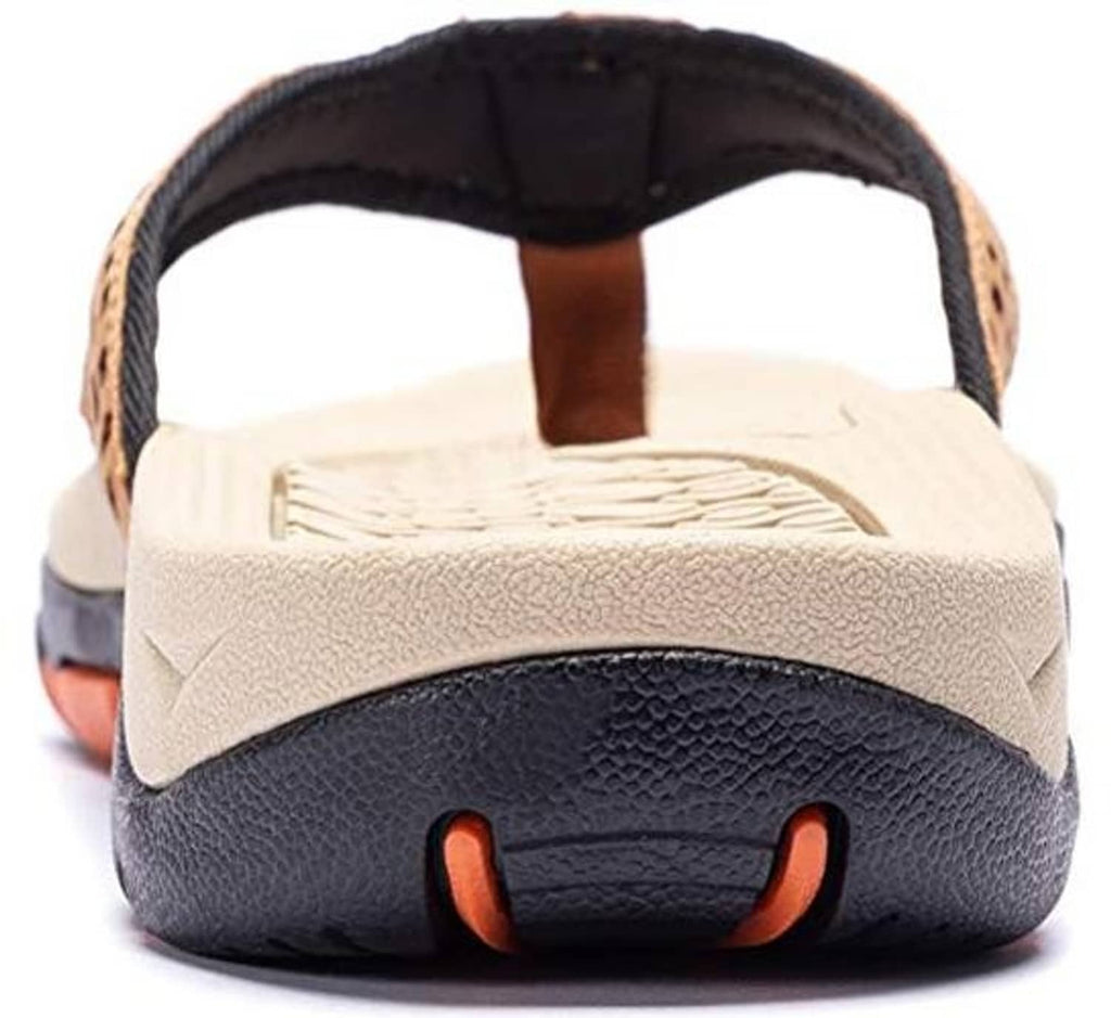 Rear view of khaki mens thong sandal with thick sole and dark rubber heel grip