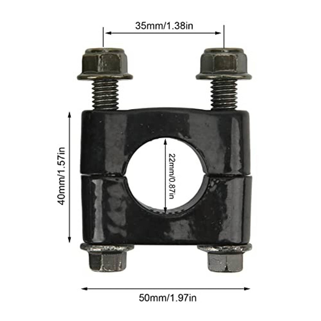 Black handlebar riser clamp with two top bolts and size markings on the unit