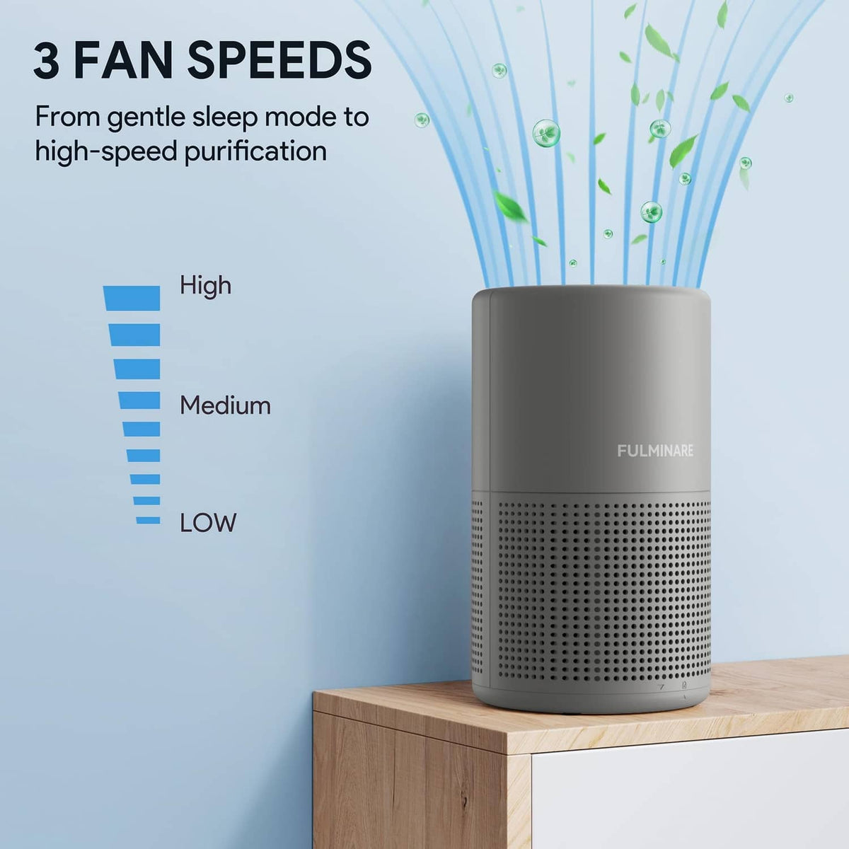 Gray FULMINARE air purifier on a pedestal, cylindrical design with front vent panel