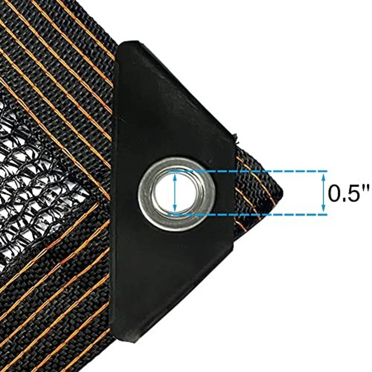 Black mesh shade cloth corner with metal grommet and orange stitched trim detail