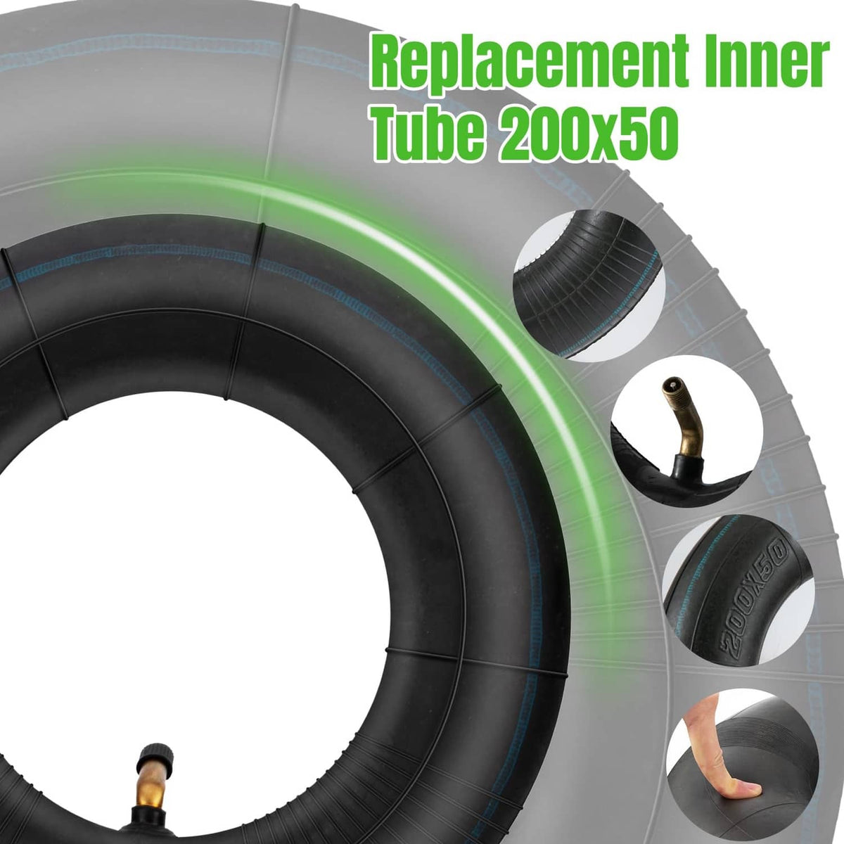 Black 200x50 replacement inner tube with bent valve stem close-up details