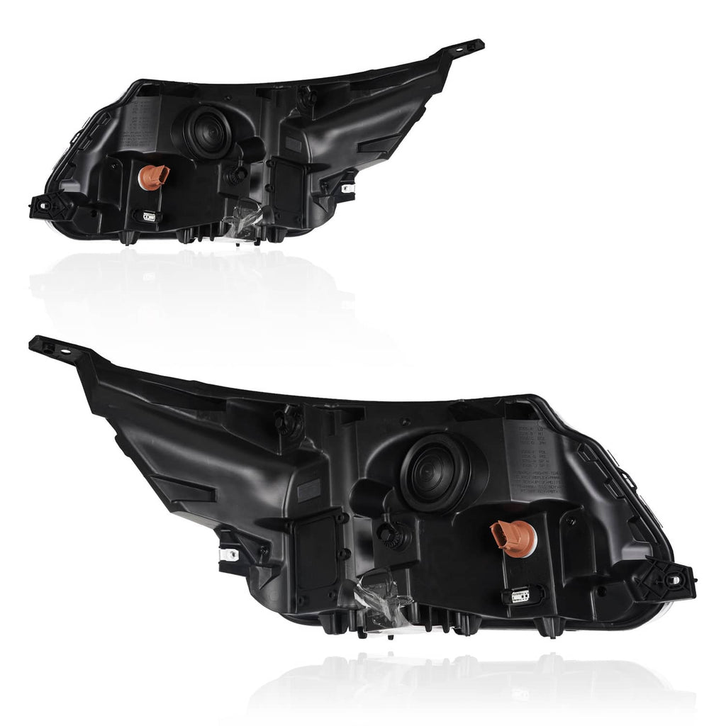 Pair LED DRL headlight assemblies rear-side view with circular projector and connector ports