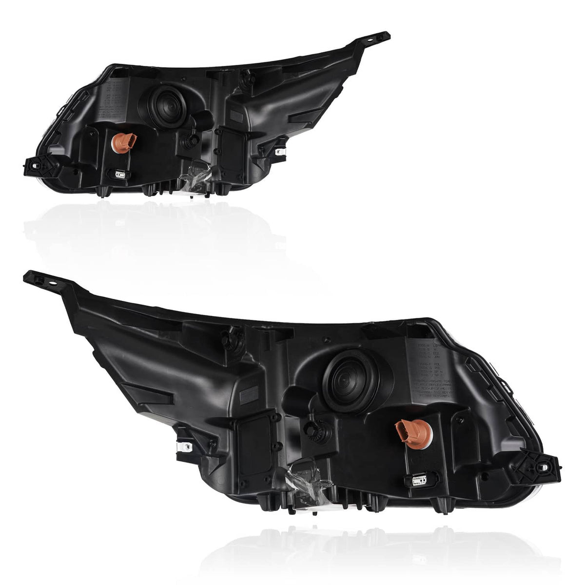 Pair LED DRL headlight assemblies rear-side view with circular projector and connector ports