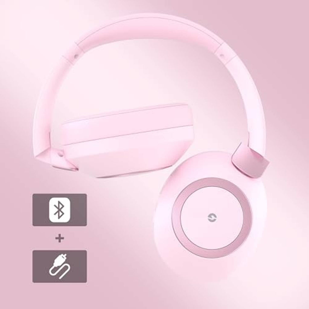Pink wireless over-ear headphones with circular ear-pad logo and foldable headband