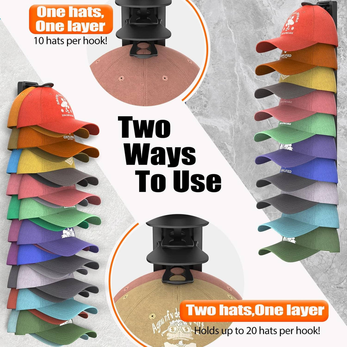 Black cap organizer hooks holding layered baseball caps in one stack