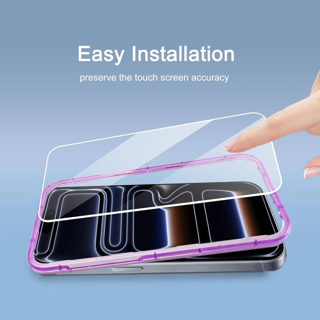 Tempered glass screen protector with installation frame held by hand during fitting