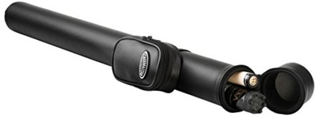 Black hard pool cue case with end cap and round logo badge