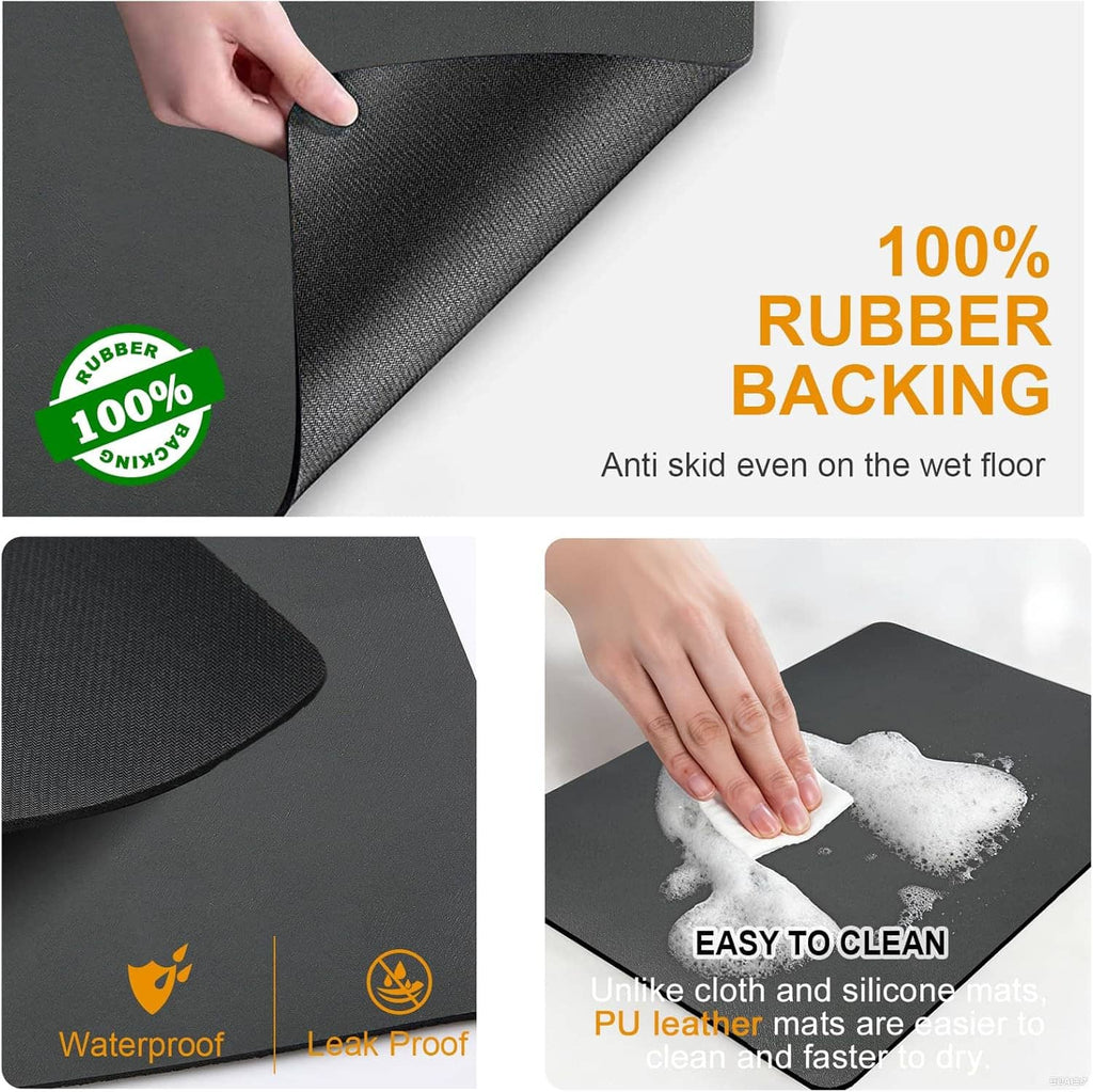Black drying mat edge with textured grip and a hand wiping the surface