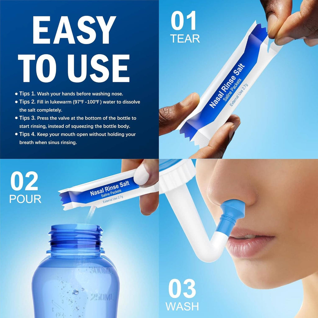 Nasal rinse bottle with blue nozzle and a salt rinse packet in hand
