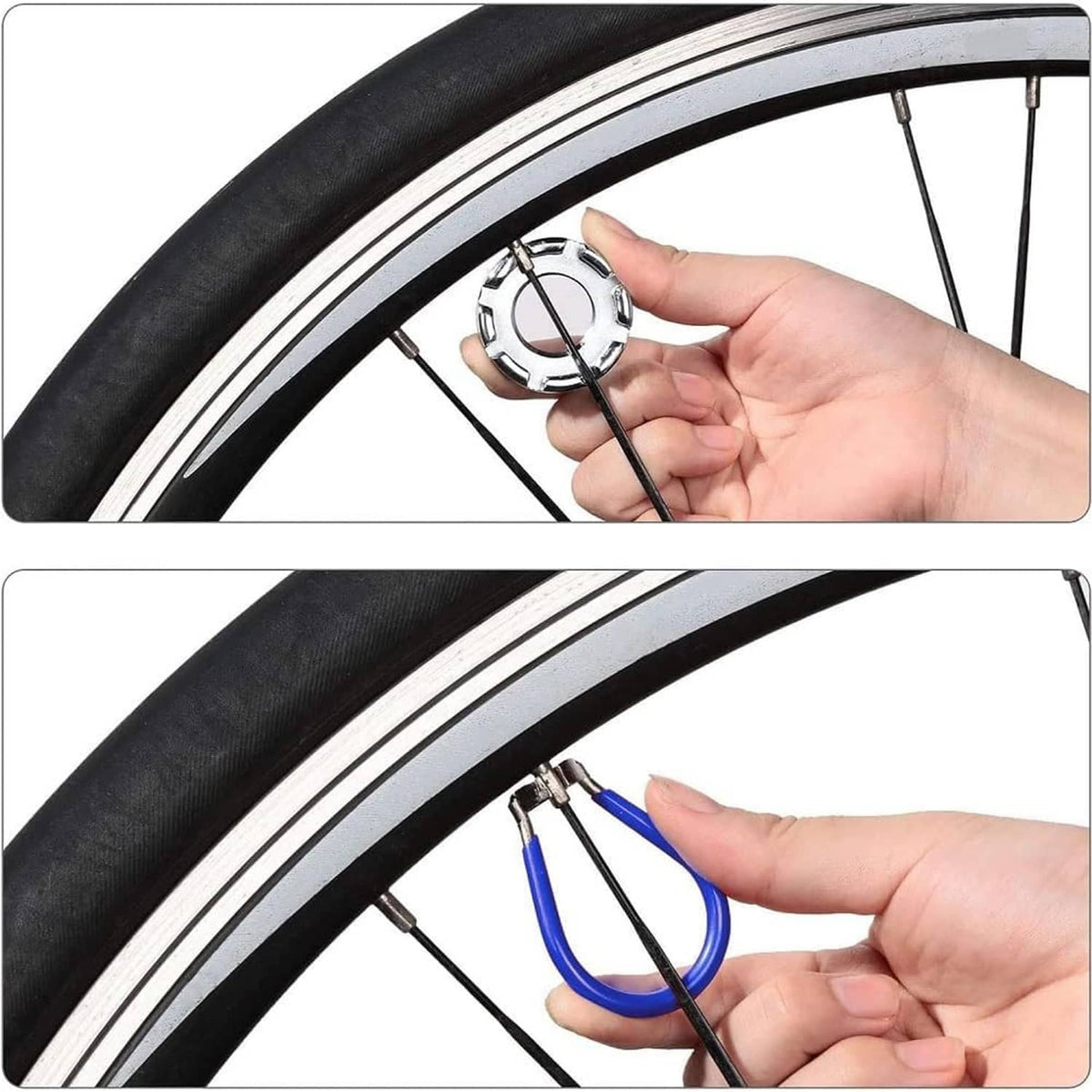 Bike spoke wrench in use on a wheel spoke, silver steel tool held by hand