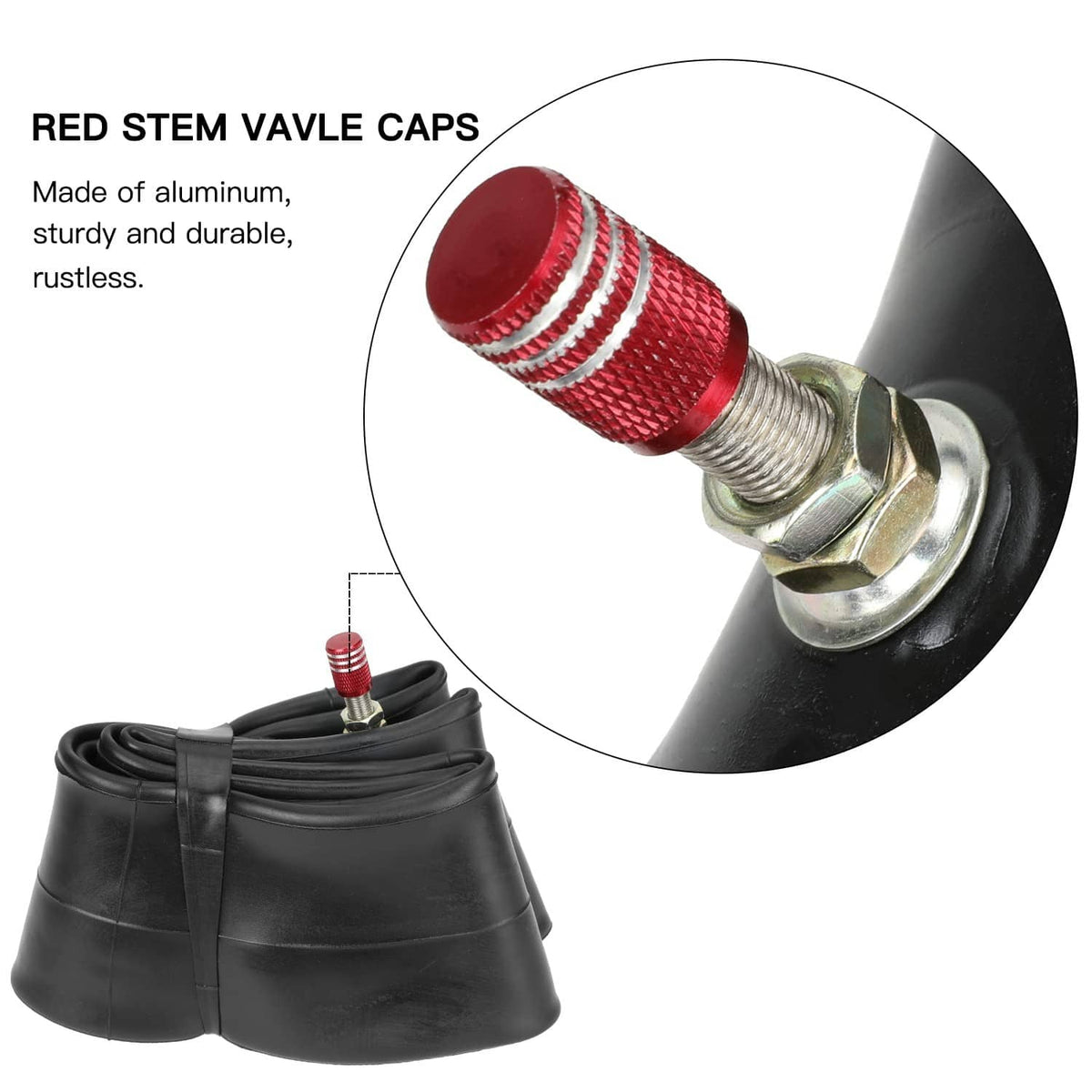 Red stem valve cap with metal base on a black dirt bike inner tube