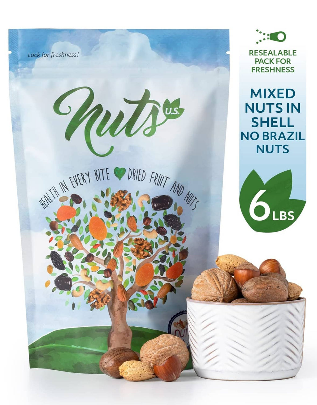 Mixed nuts in-shell bag with scattered nuts and a small container