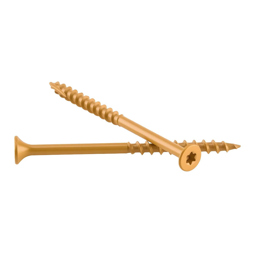 Single #10x3 wood deck screw with T25 star head, gold anti-rust finish